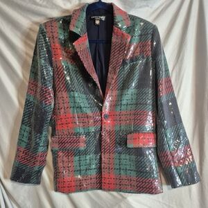 Johnny Wujek Women's Sequin Plaid Blazer - Red, Green, Black Small Nwt